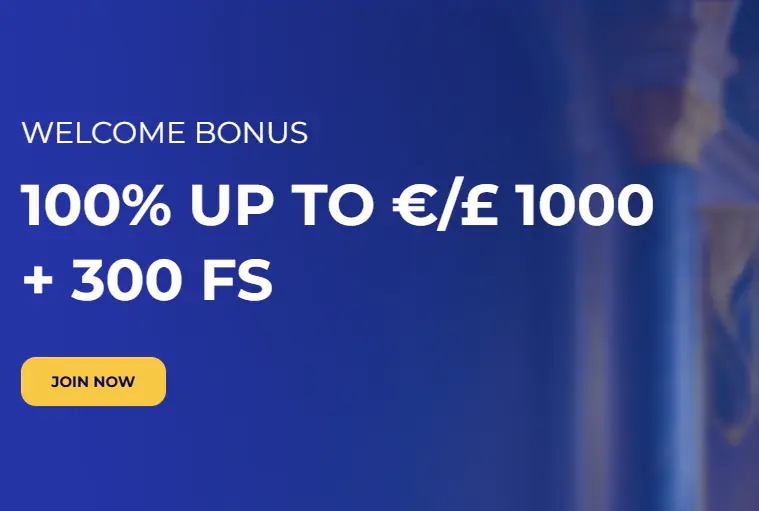 Een promotionele banner voor een welkomstbonus met een blauwe achtergrond en een decoratieve kolom aan de rechterkant. De afbeelding toont de aanbieding: Welkomstbonus – 100% tot €/£1.000 en 300 gratis spins. Onderaan bevindt zich een gele knop 'Nu deelnemen'. Het ontwerp benadrukt de aantrekkelijke startbonus en de uitnodiging om lid te worden van het platform.