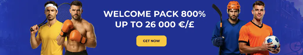 Een promotionele banner van een sportplatform met vijf atleten – een tennisser, een bokser, een hockeyer en twee voetballers – op een blauwe achtergrond met een stadsgezicht. In het midden staat het welkomstpakket met een bonus van 800% tot €/£26.000, met daaronder een gele knop 'Nu aanvragen'. De afbeelding benadrukt de grote bonus en is gericht op fans van diverse sporten.