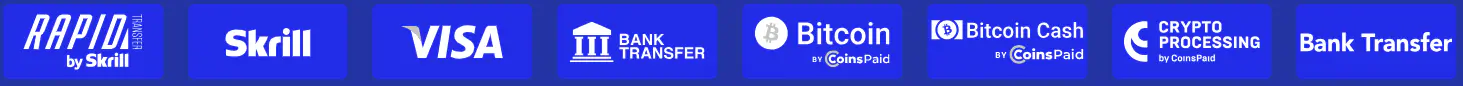 Een horizontale rij met pictogrammen van betaalmethoden op een blauwe achtergrond: Rapid by Skrill, Skrill, Visa, bankoverschrijving, Bitcoin by CoinsPaid, Bitcoin Cash by CoinsPaid, Crypto Processing by CoinsPaid en bankoverschrijving. De afbeelding laat de grote verscheidenheid aan betaalmethoden zien, waaronder kaarten, e-wallets, bankoverschrijvingen en cryptovaluta-transacties.