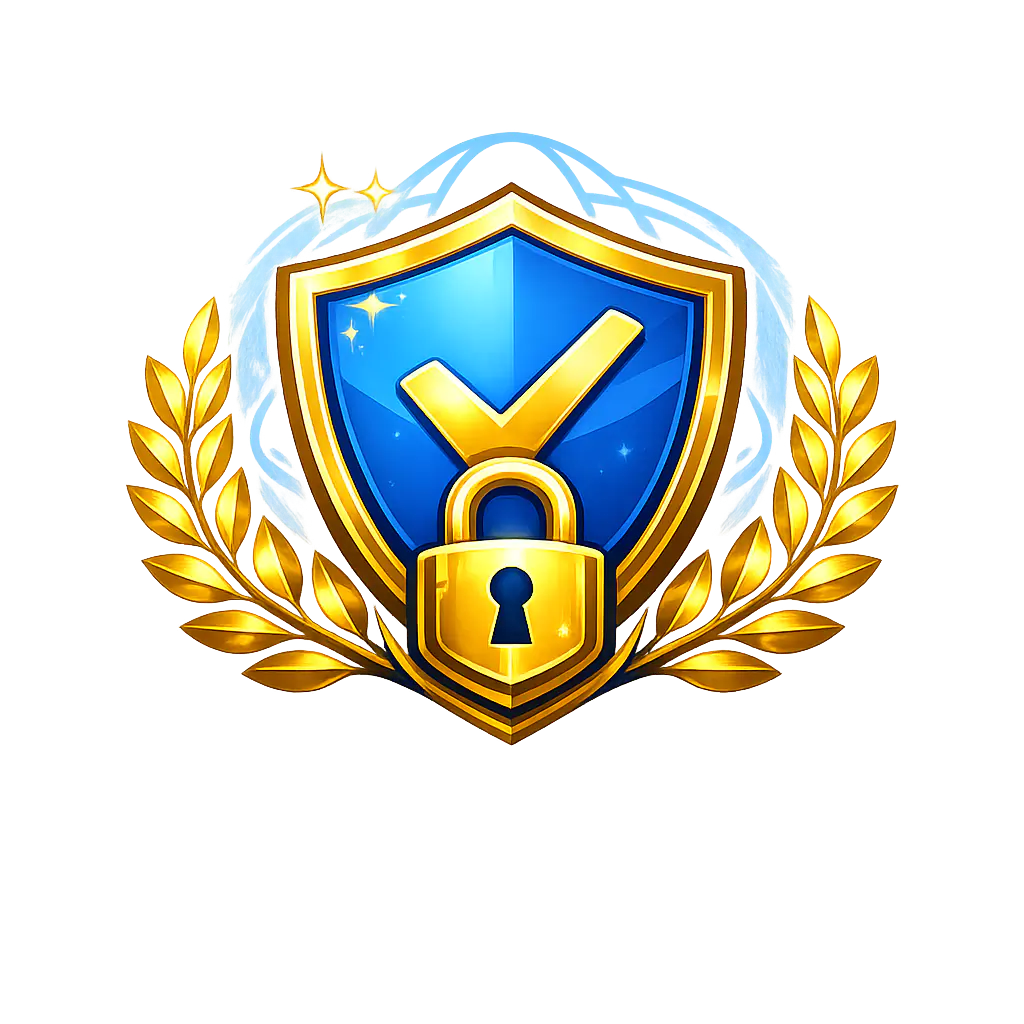 Een gestileerd beveiligingsembleem: een blauw schild met een gouden rand, met daarin een geel vinkje en een gouden slot aan de onderkant, symbool voor bewezen betrouwbaarheid en gegevensbescherming. Het schild is omgeven door gouden laurierbladeren en op de achtergrond is een doorschijnende wereldbol met reflecties te zien. De afbeelding draagt thema's uit als vertrouwen, certificering, veilige transacties en accountbescherming.